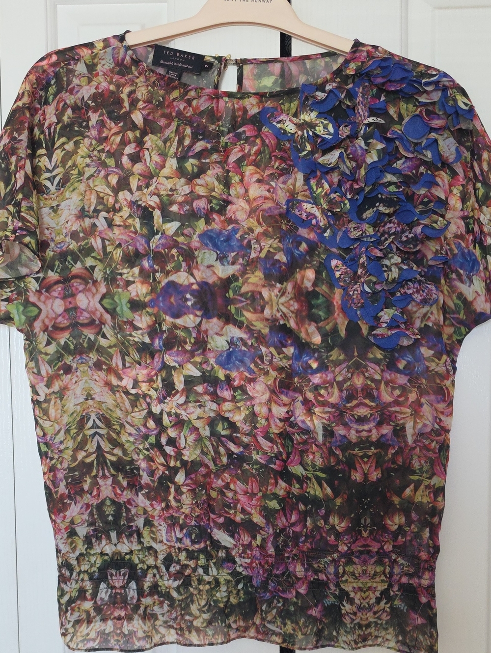 Ted Baker Multicolor Floral Sheer Blouse with Blue Petal Appliqué